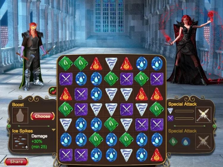 Witchcraft — a match-3 battle scene with a mage